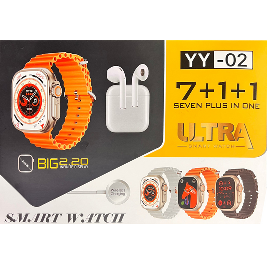 Set Cadou Smartwatch - YY02, 7 Brățări, Încărcător Wireless și Căști Bluetooth