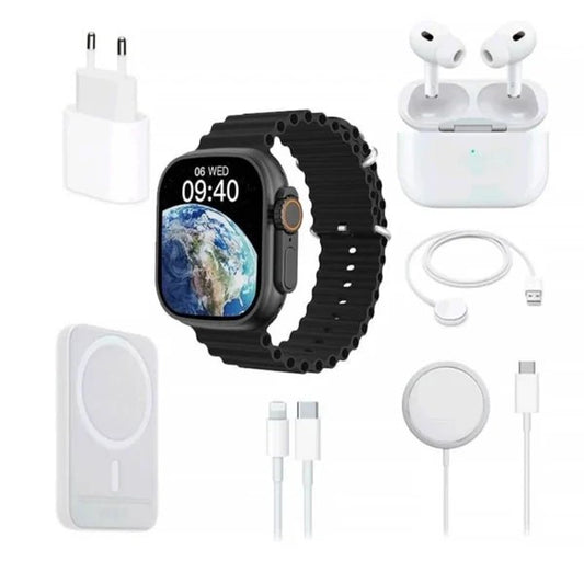 Πλήρες σετ με Smartwatch X8 2", ασύρματα ακουστικά in-ear, φορτιστή, καλώδια, εξωτερική μπαταρία - 8 σε 1