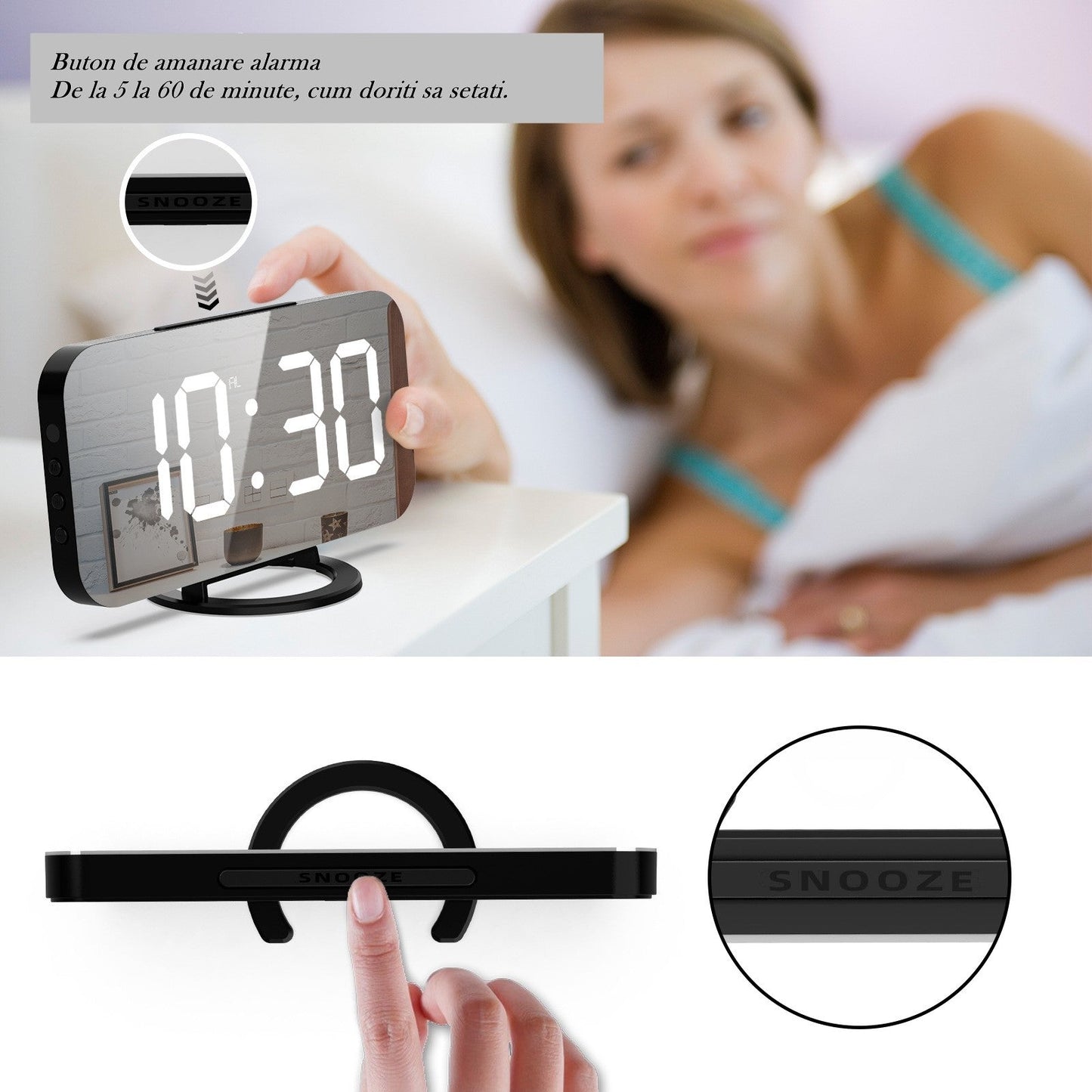 Ηλεκτρονικό ρολόι με καθρέφτη και ξυπνητήρι, φόρτιση USB, μαύρο